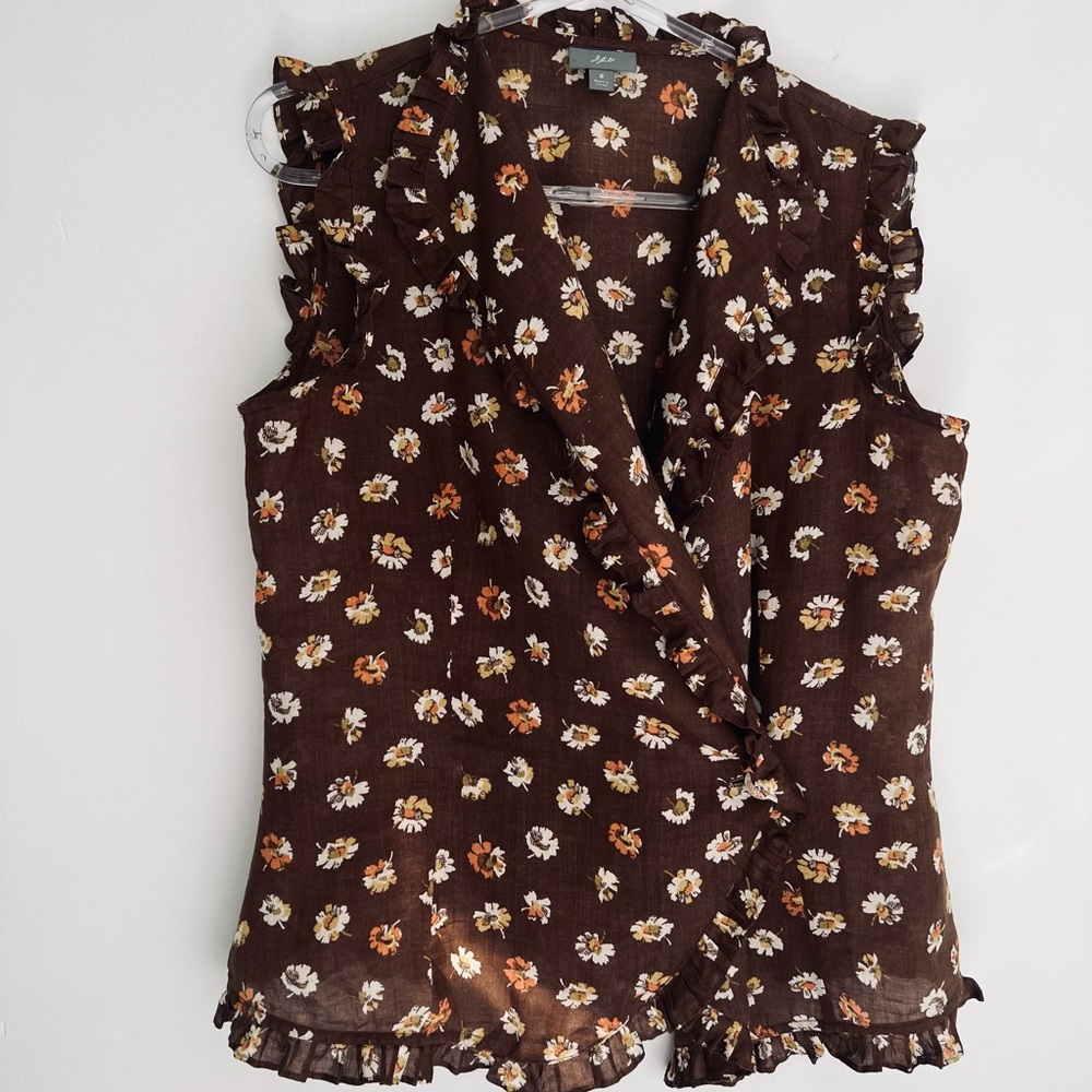 J.Jill ramie ruffle floral sleeveless wrap around top